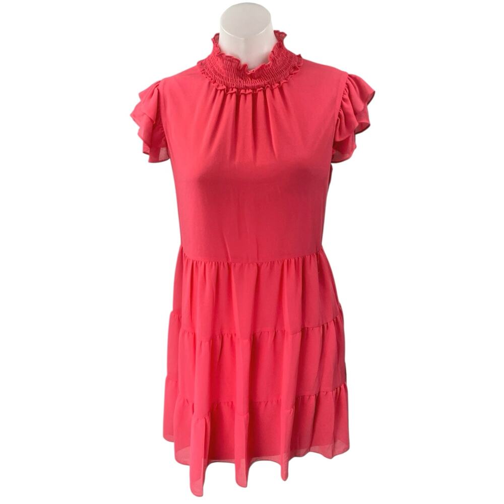 Eliza J Pink Short Flutter Sleeve Ruffle Mock Neck Tiered Mini A-Line Dress Sz 6